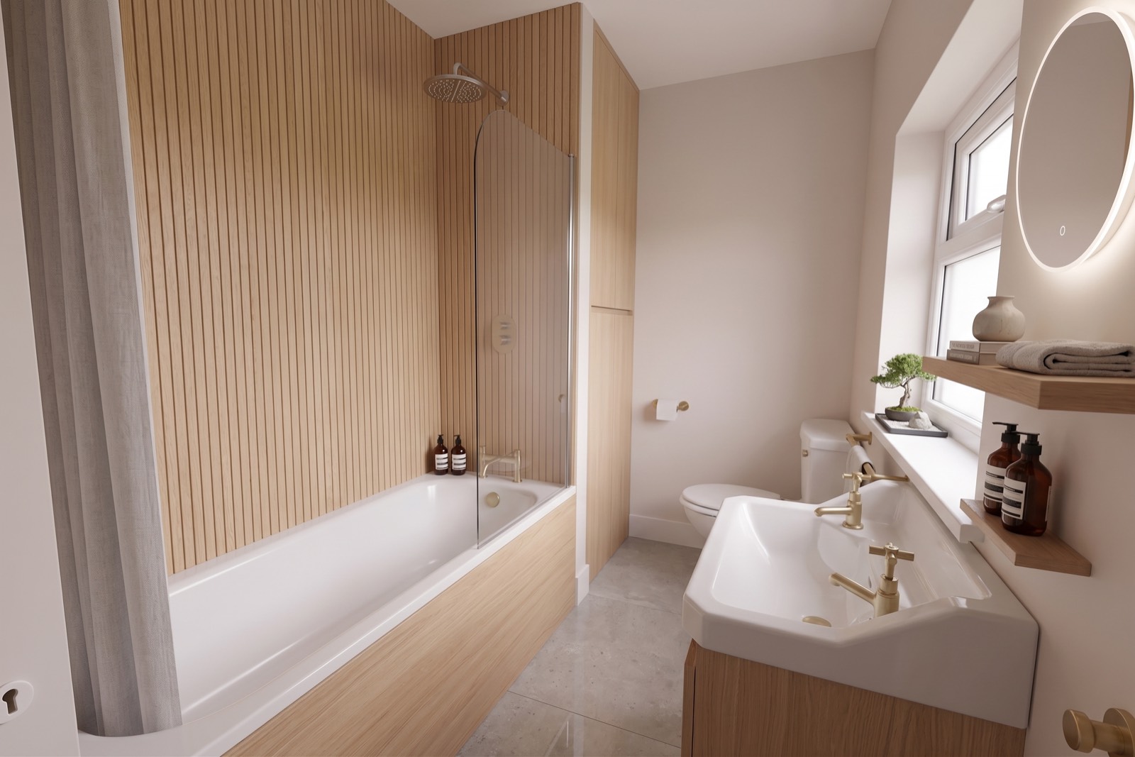 After — Period bathroom — wood panelling and brass fittings